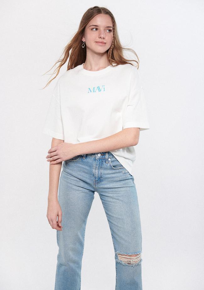  Mavi Mavi Logo Baskılı Beyaz Tişört Oversize / Geniş Kesim 1611593-70057