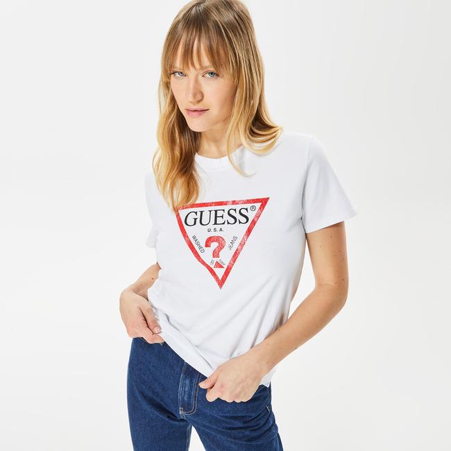  Guess Classic Fit Logo Kadın Beyaz T-Shirt