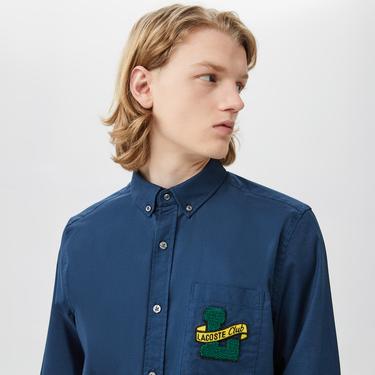  Erkek Slim Fit Düğmeli Yaka Lacivert Gömlek