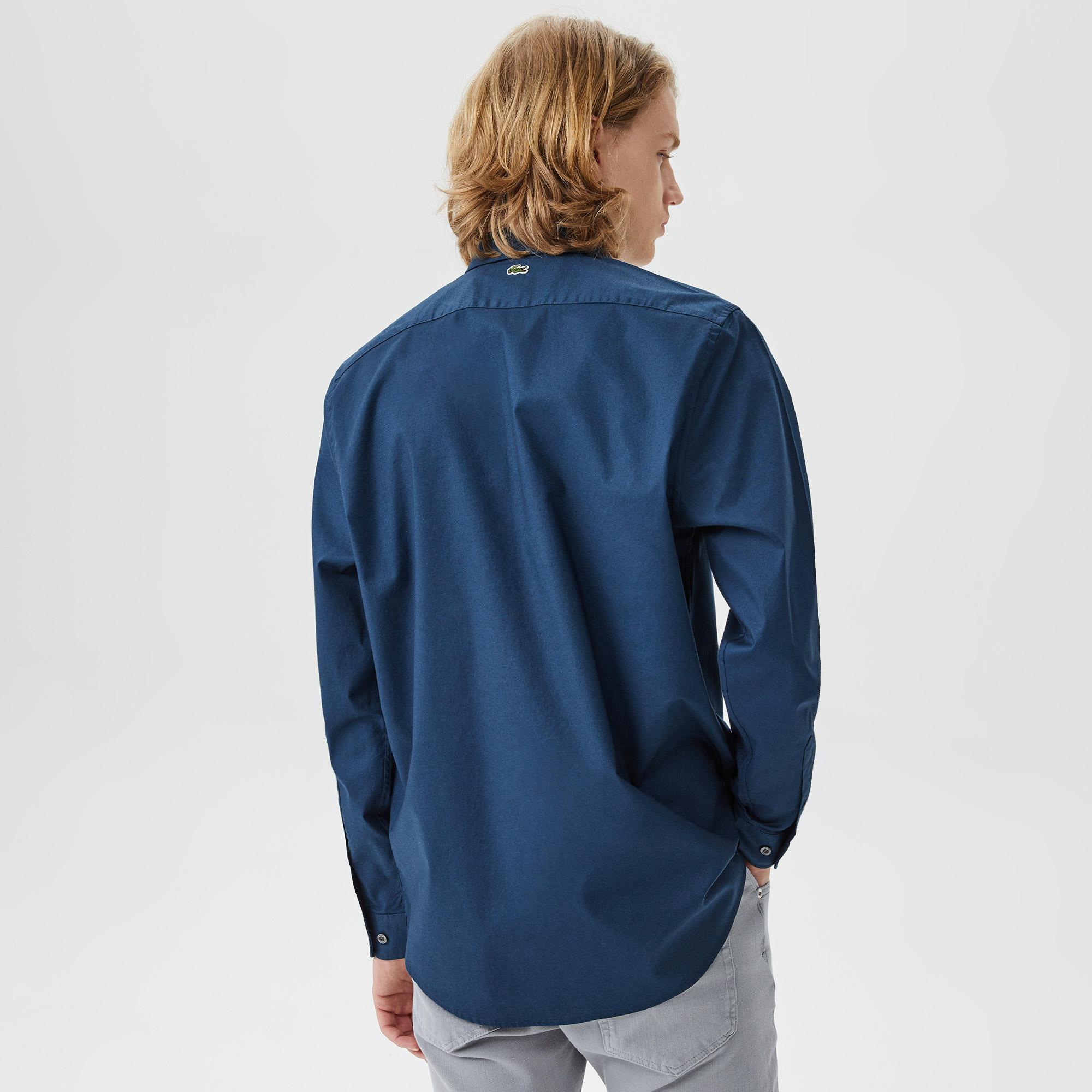 Erkek Slim Fit Düğmeli Yaka Lacivert Gömlek