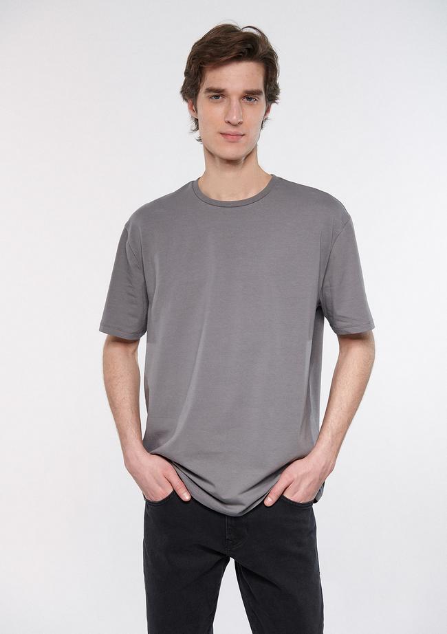  Mavi Bisiklet Yaka Gri Basic Tişört Loose Fit / Bol Rahat Kesim 0610136-80618