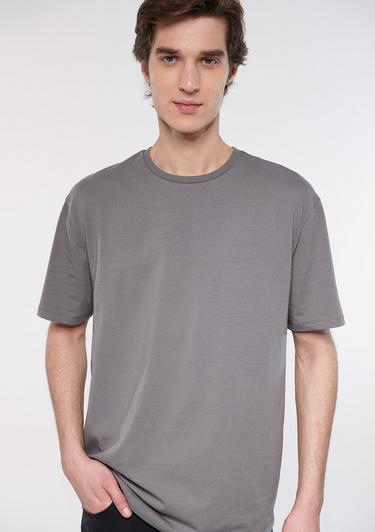  Mavi Bisiklet Yaka Gri Basic Tişört Loose Fit / Bol Rahat Kesim 0610136-80618