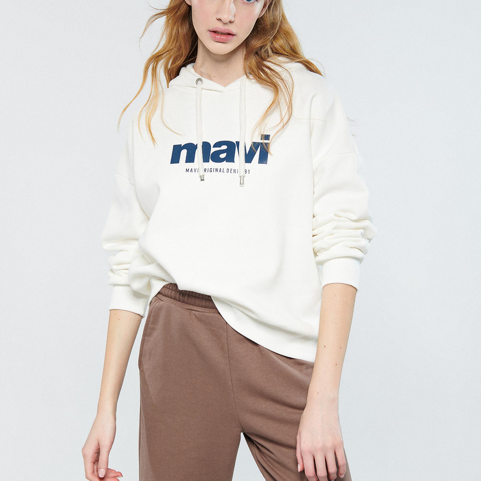 Mavi Mavi Logo Baskılı Kapüşonlu Ekru Sweatshirt 168334-81964