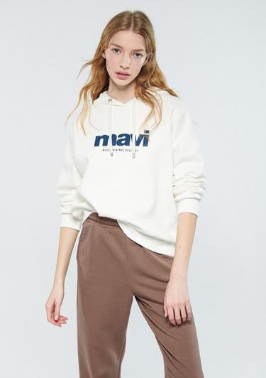  Mavi Mavi Logo Baskılı Kapüşonlu Ekru Sweatshirt 168334-81964