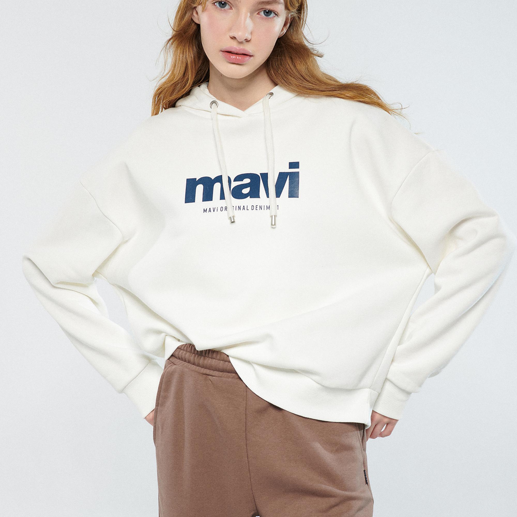 Mavi Mavi Logo Baskılı Kapüşonlu Ekru Sweatshirt 168334-81964