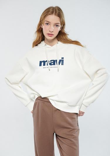  Mavi Mavi Logo Baskılı Kapüşonlu Ekru Sweatshirt 168334-81964
