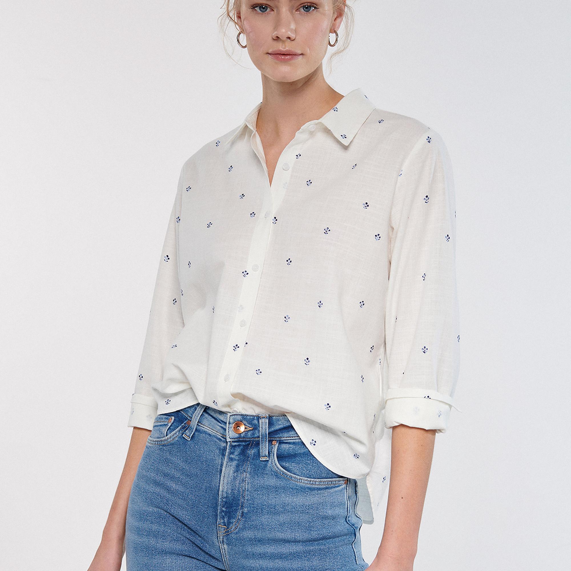 Mavi Yaprak Baskılı Gömlek Loose Fit / Bol Rahat Kesim 1210030-83975