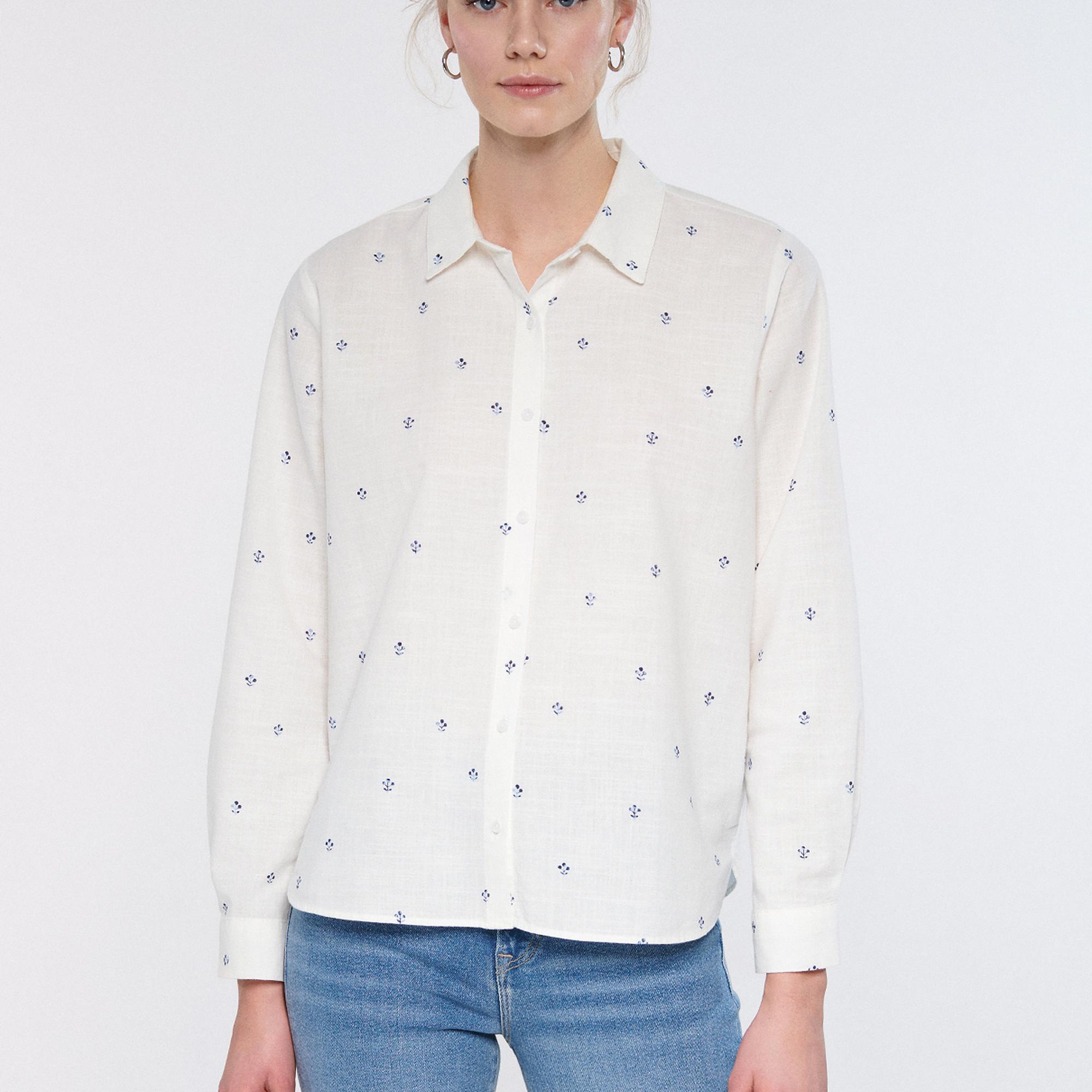 Mavi Yaprak Baskılı Gömlek Loose Fit / Bol Rahat Kesim 1210030-83975