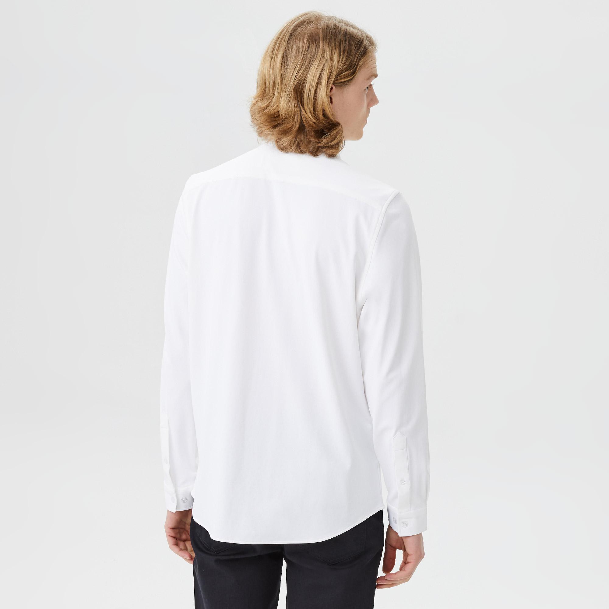 Erkek Slim Fit Düğmeli Yaka Beyaz Gömlek