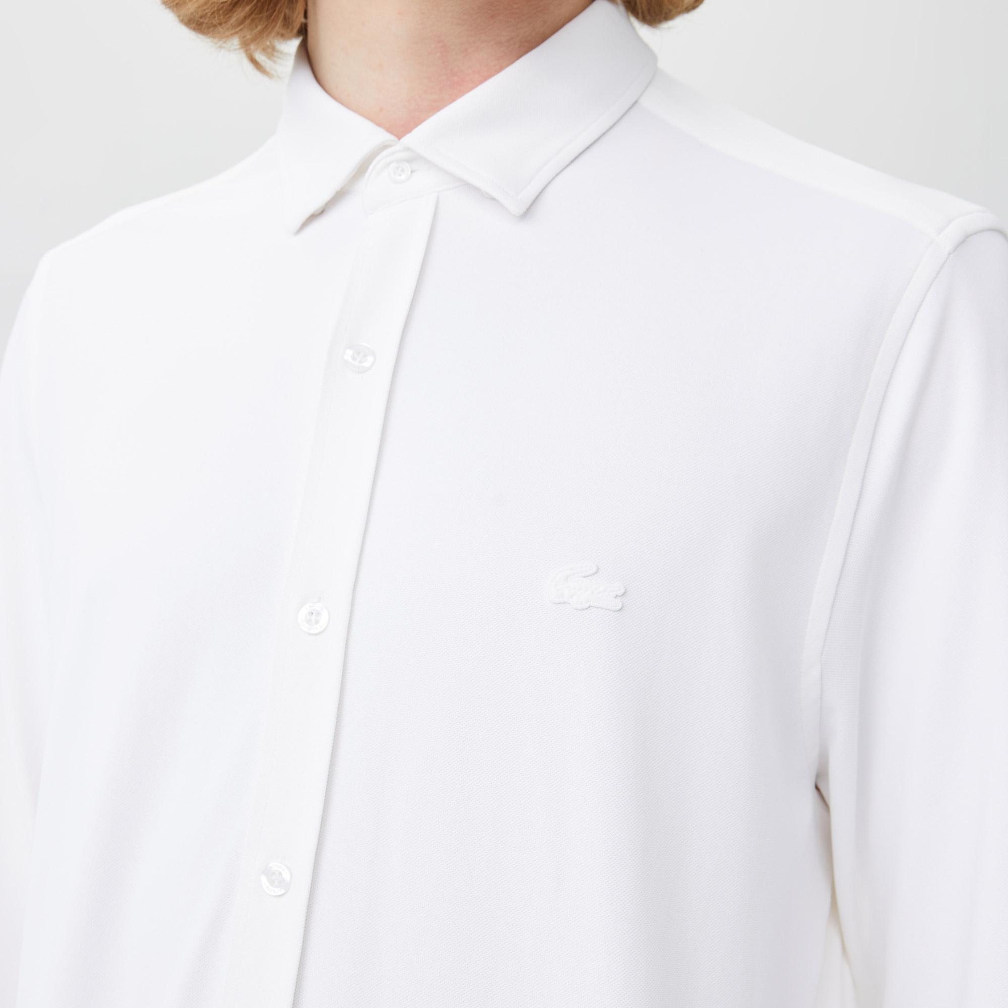 Erkek Slim Fit Düğmeli Yaka Beyaz Gömlek