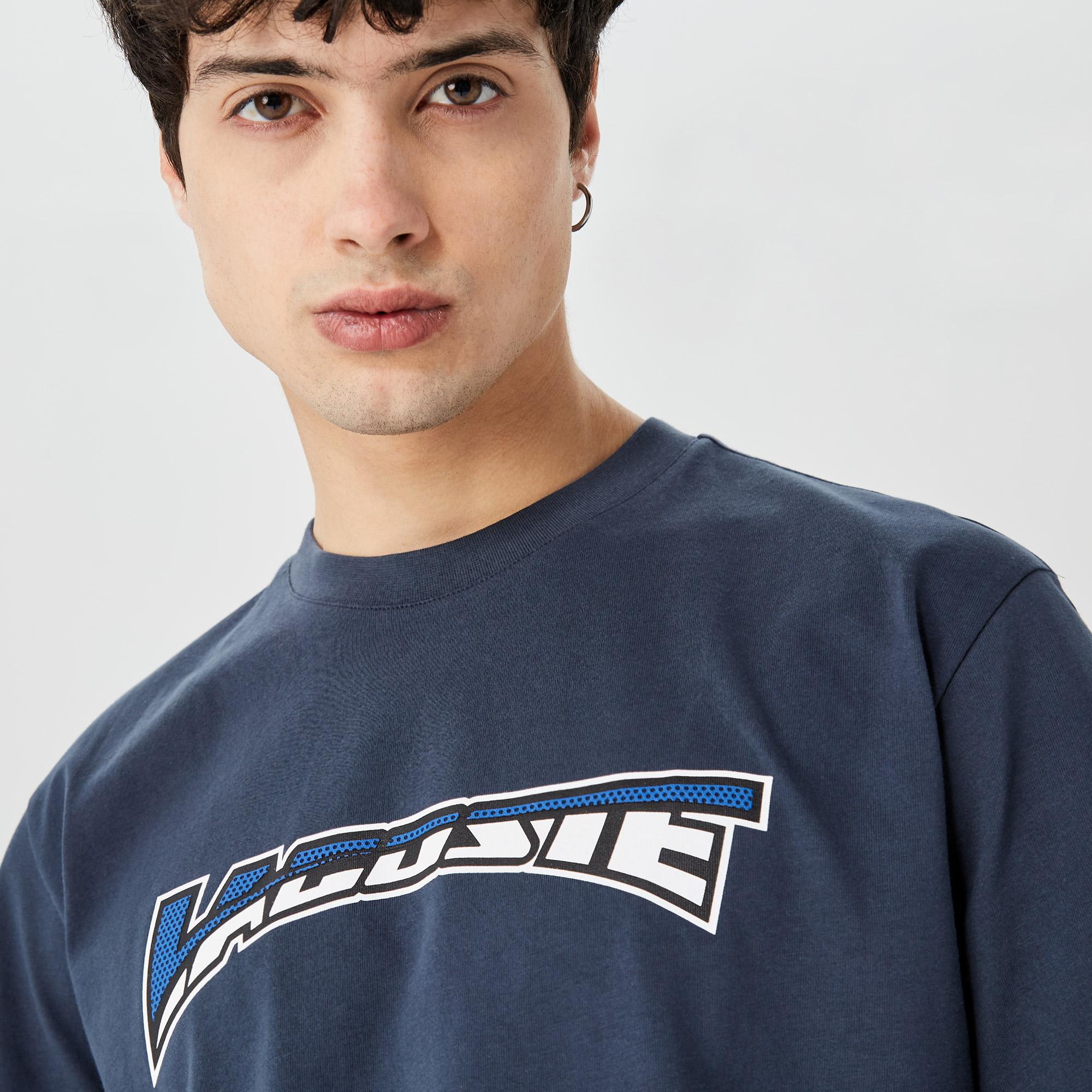 Erkek Relaxed Fit Bisiklet Yaka Baskılı Lacivert T-Shirt