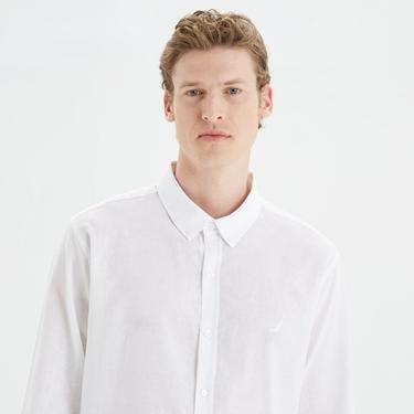  Nautica Erkek Beyaz Slim Fit Uzun Kollu Keten Gömlek