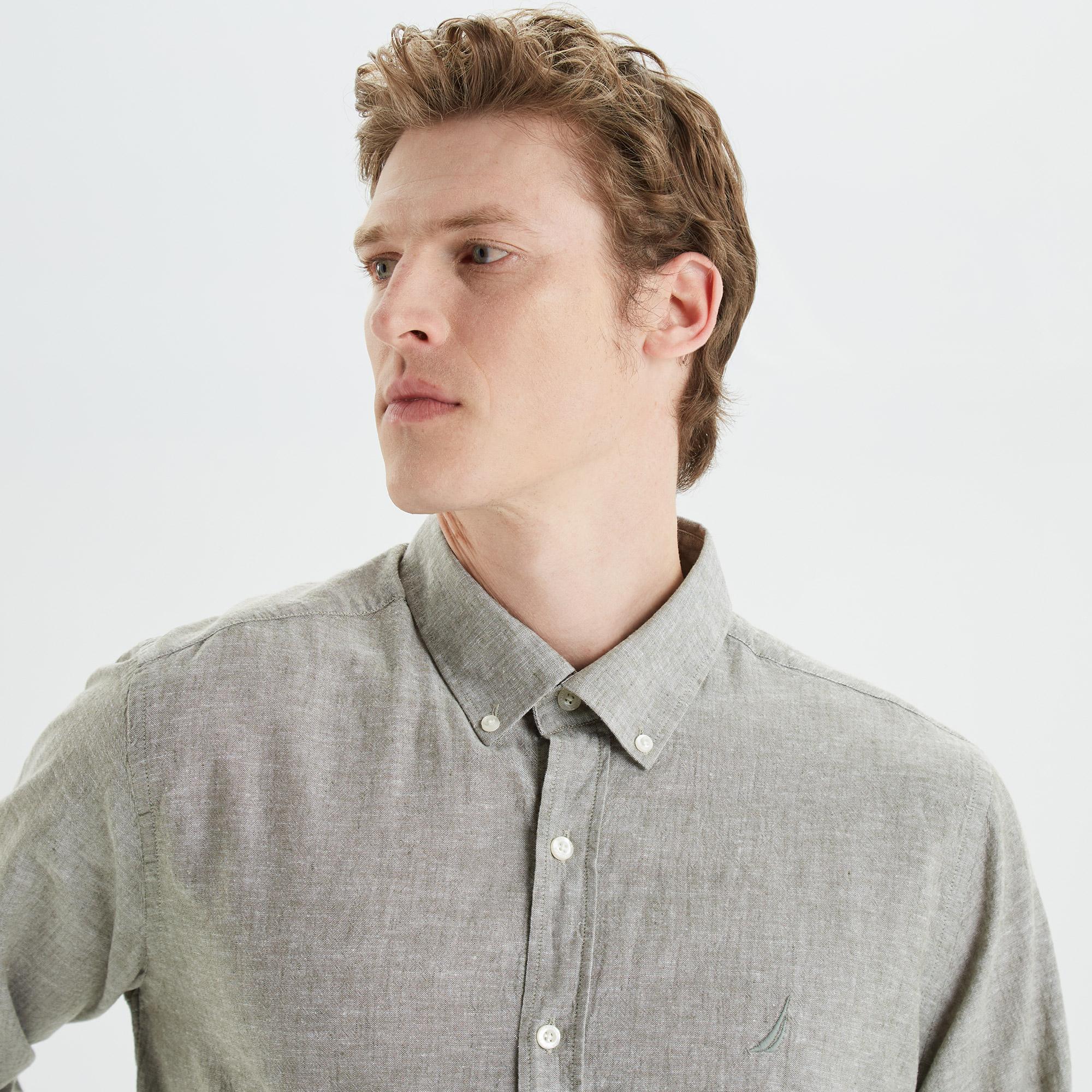 Nautica Erkek Yeşil Slim Fit Uzun Kollu Keten Gömlek