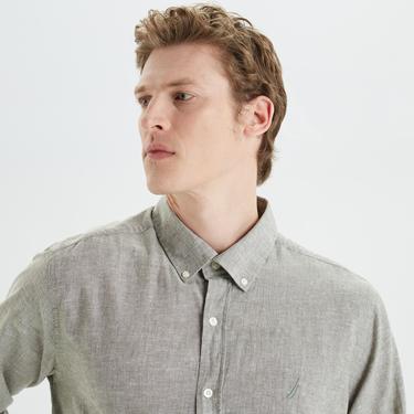  Nautica Erkek Yeşil Slim Fit Uzun Kollu Keten Gömlek