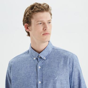  Nautica Erkek Mavi Slim Fit Uzun Kollu Keten Gömlek