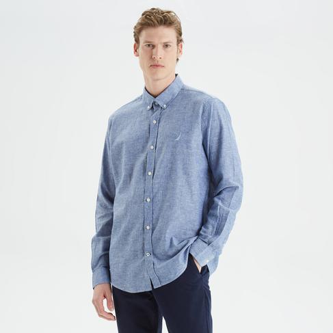  Nautica Erkek Mavi Slim Fit Uzun Kollu Keten Gömlek