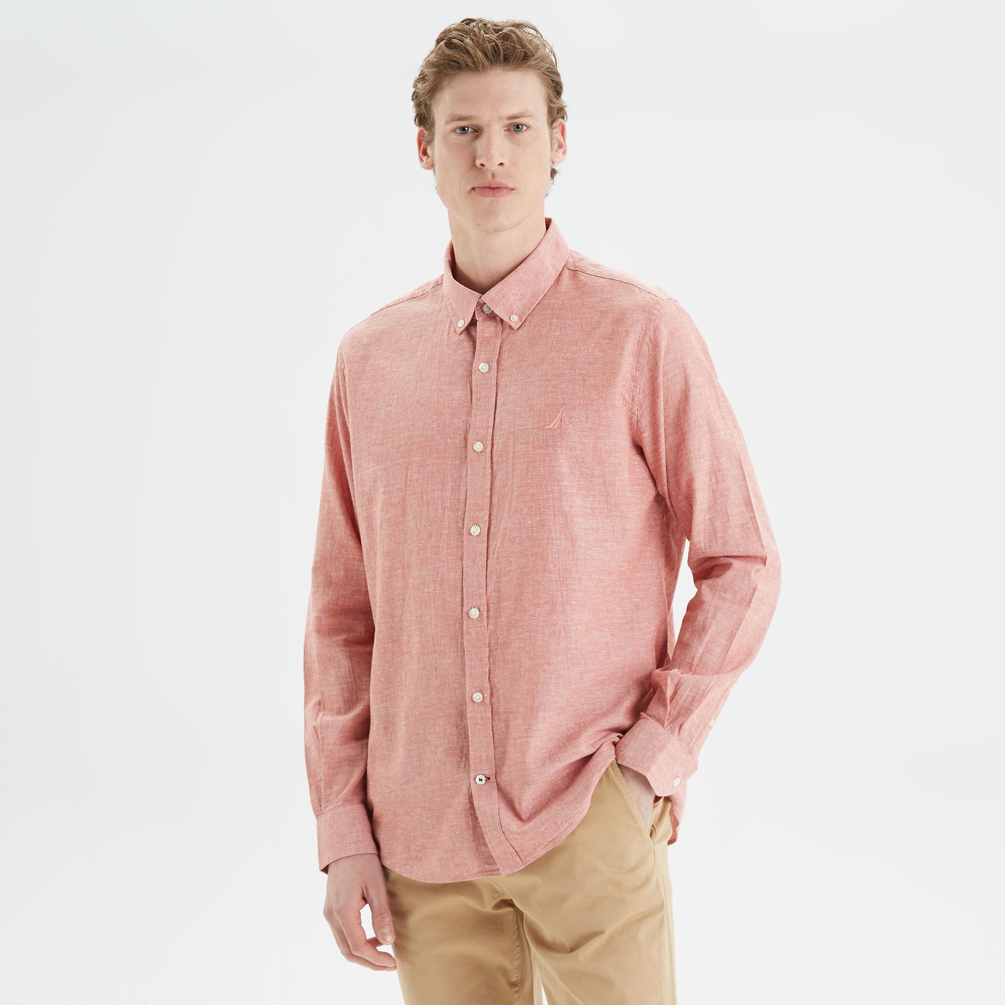 Nautica Erkek Bordo Slim Fit Uzun Kollu Keten Gömlek