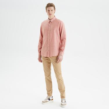  Nautica Erkek Bordo Slim Fit Uzun Kollu Keten Gömlek