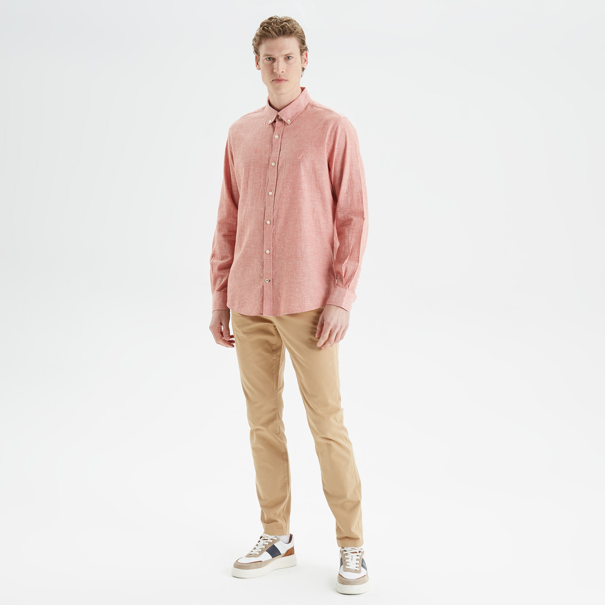  Nautica Erkek Bordo Slim Fit Uzun Kollu Keten Gömlek