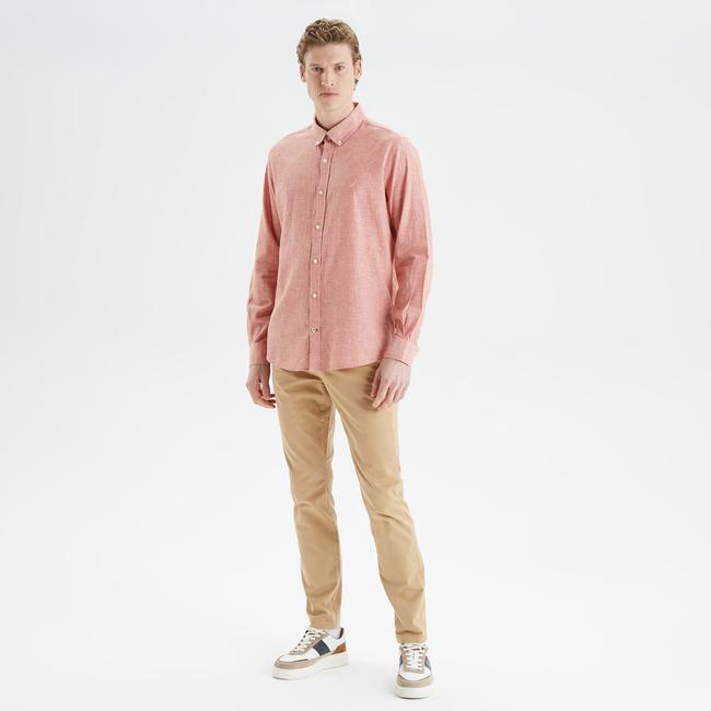  Nautica Erkek Bordo Slim Fit Uzun Kollu Keten Gömlek