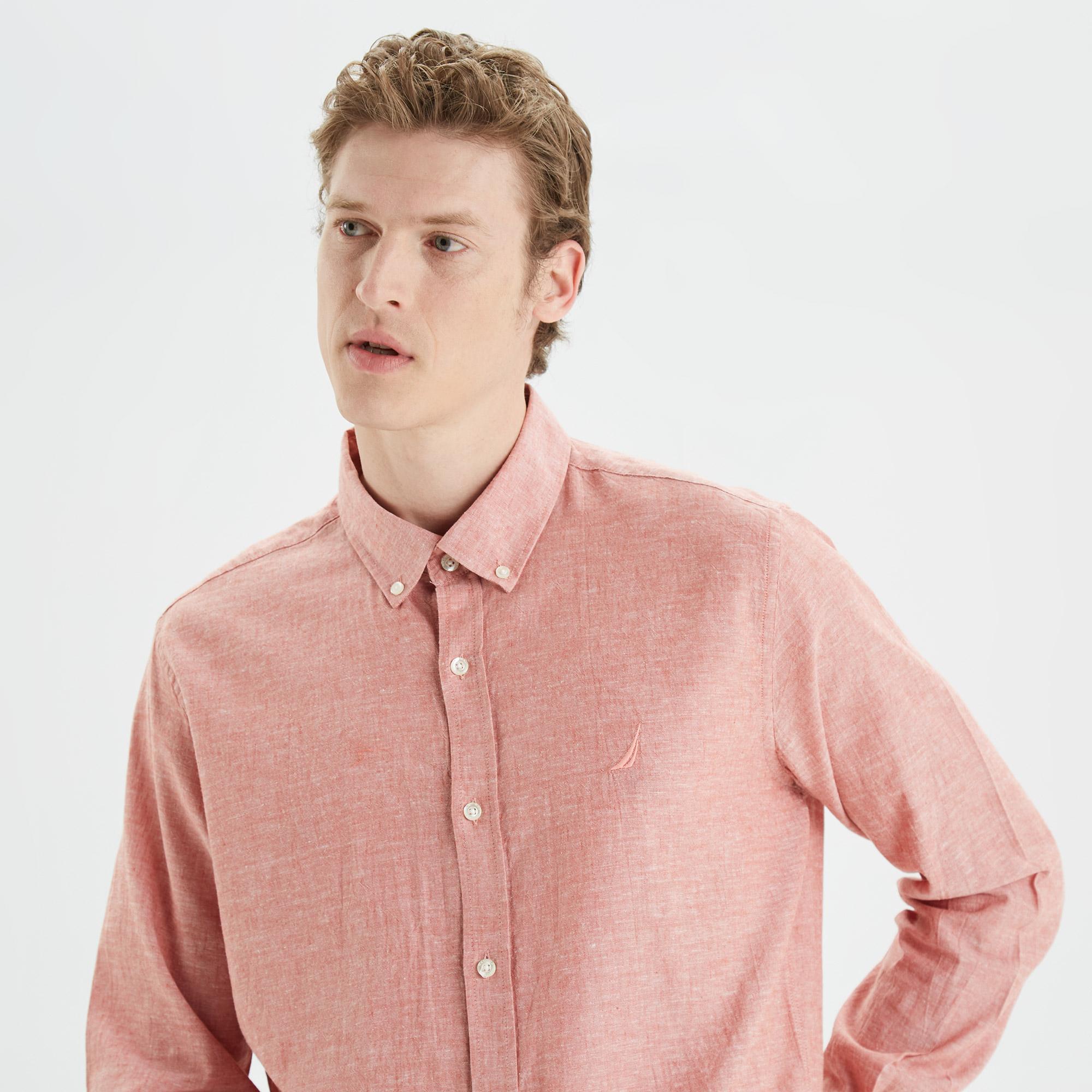 Nautica Erkek Bordo Slim Fit Uzun Kollu Keten Gömlek