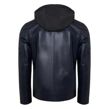  Selino Lacivert Erkek Kapüşonlü Deri Mont