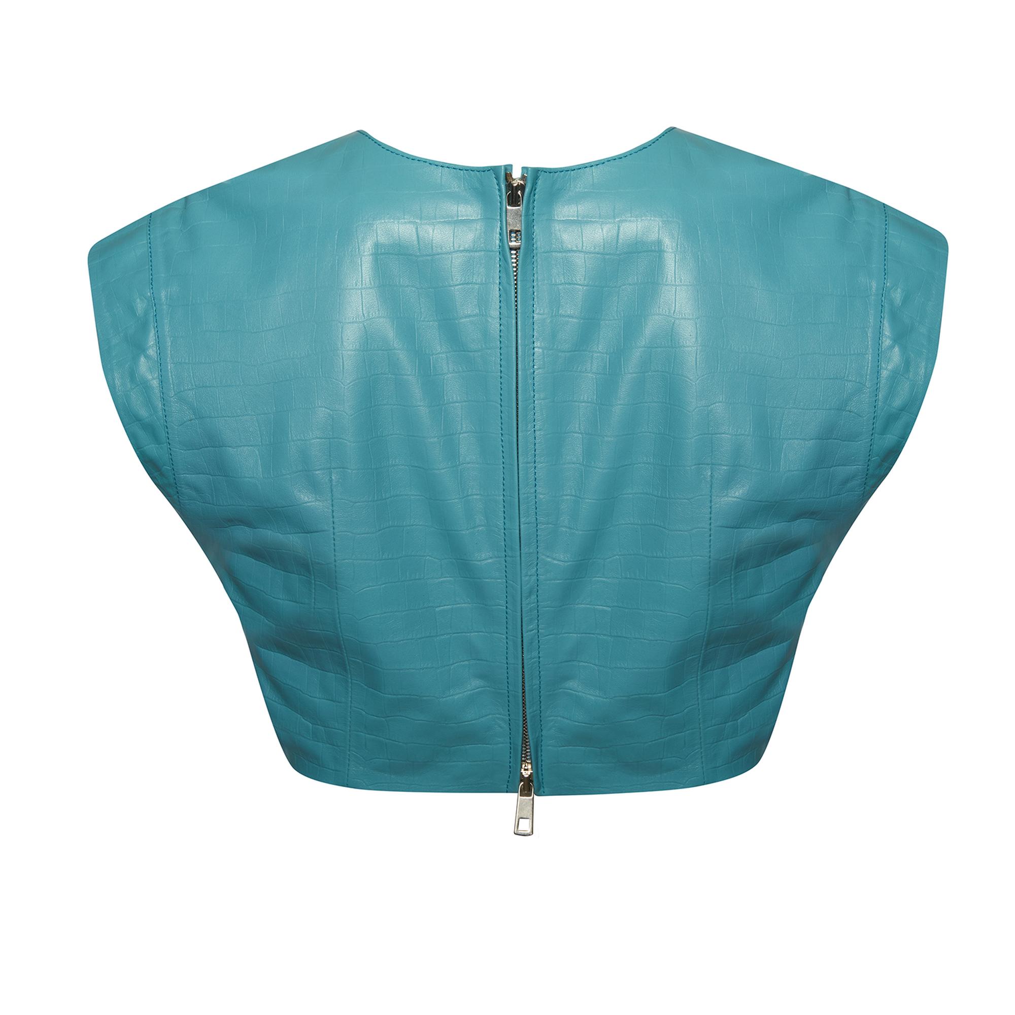 Luna Mavi Kadın Kroko Baskılı Deri Crop Top