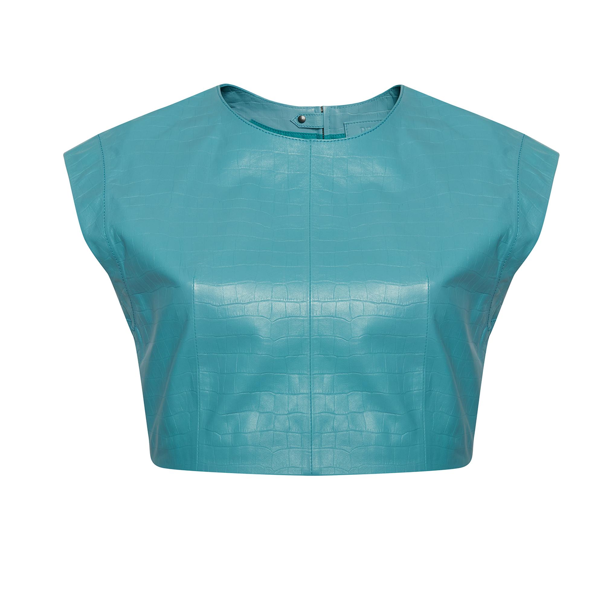 Luna Mavi Kadın Kroko Baskılı Deri Crop Top