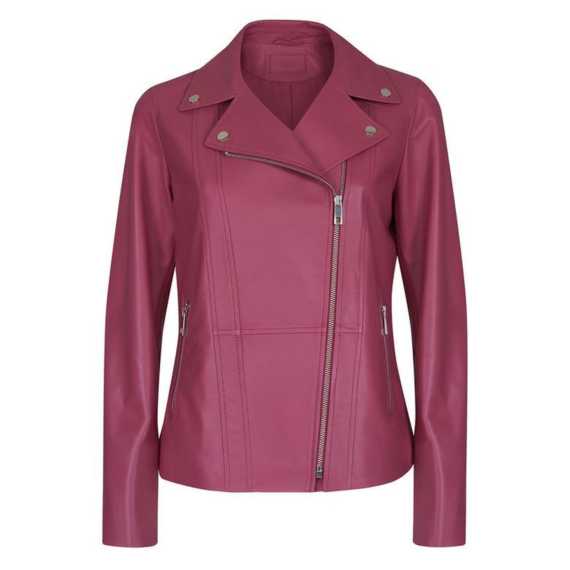 Rania Fuşya Kadın Vintage Deri Biker Ceket