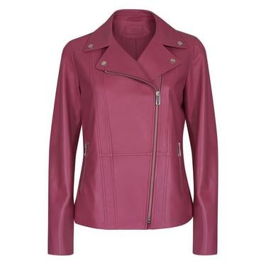  Rania Fuşya Kadın Vintage Deri Biker Ceket