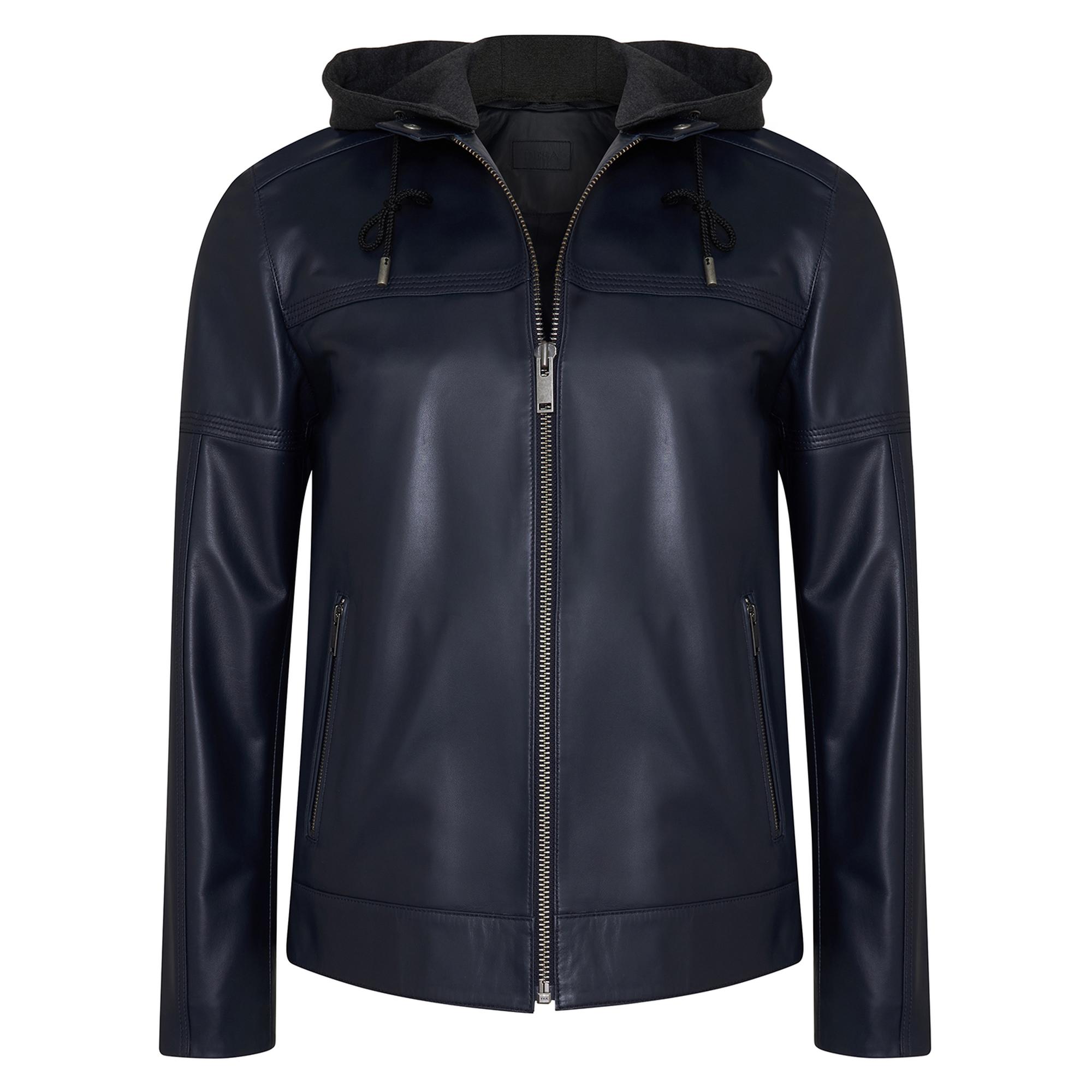 Selino Lacivert Erkek Kapüşonlü Deri Mont