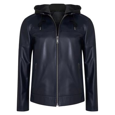  Selino Lacivert Erkek Kapüşonlü Deri Mont