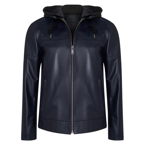  Selino Lacivert Erkek Kapüşonlü Deri Mont