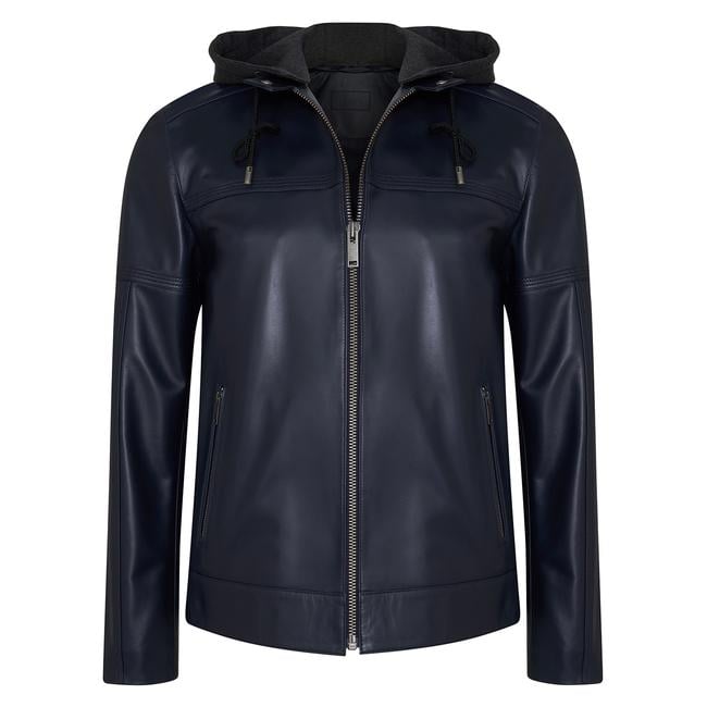  Selino Lacivert Erkek Kapüşonlü Deri Mont