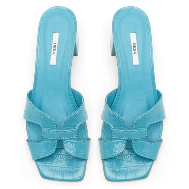  Kadın Turkuaz Kroko Baskılı Deri Terlik