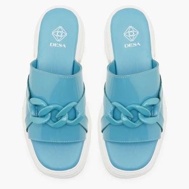  Kadın Mavi Zincir Detaylı Deri Terlik