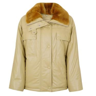  Auren Yeşil Kadın Deri Puffer Mont