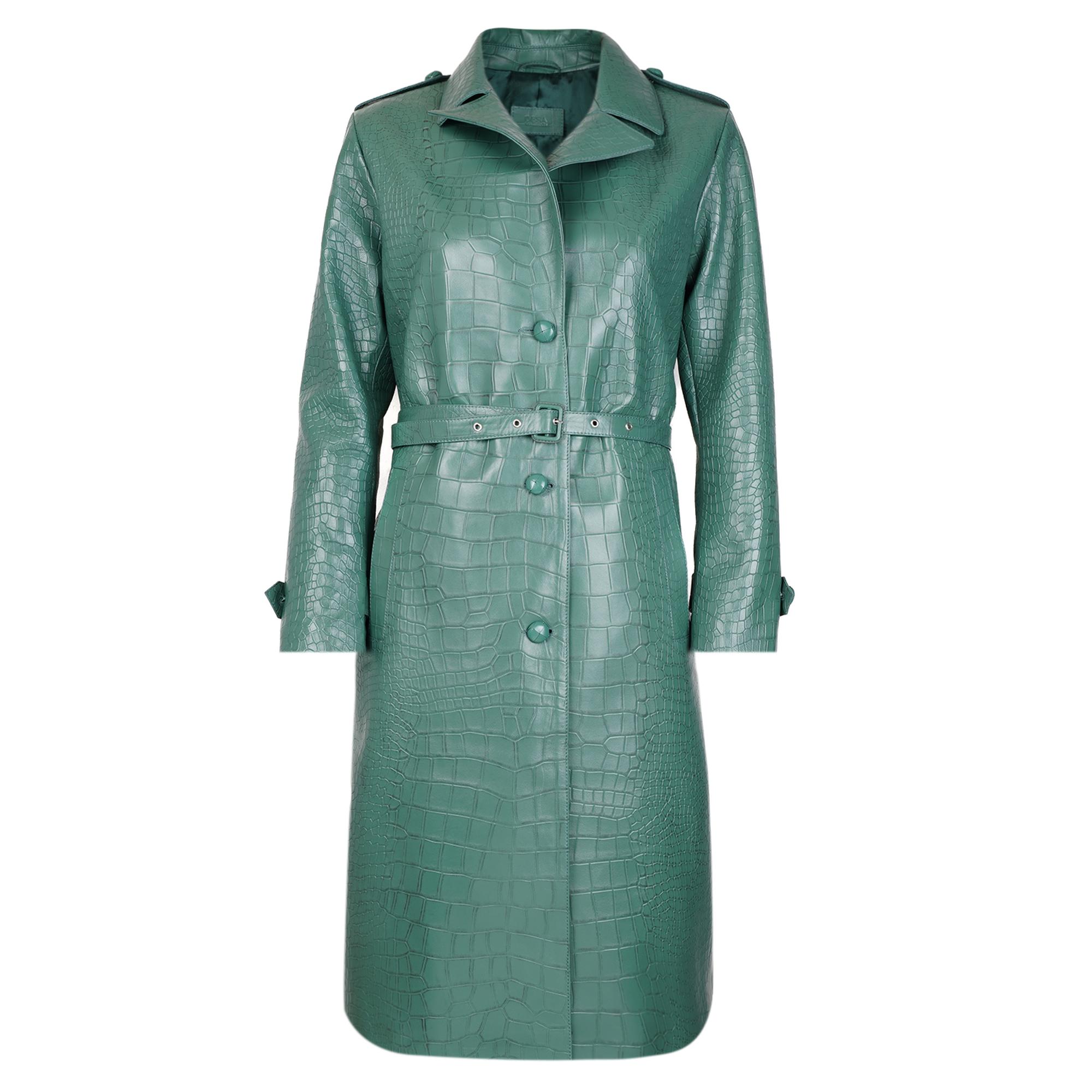 Briona Yeşil Kadın Kroko Baskılı Deri Trençkot