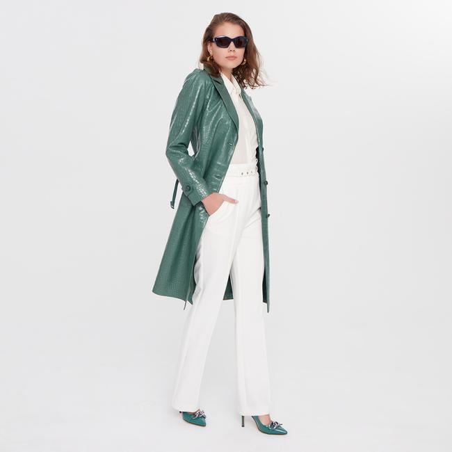  Briona Yeşil Kadın Kroko Baskılı Deri Trençkot