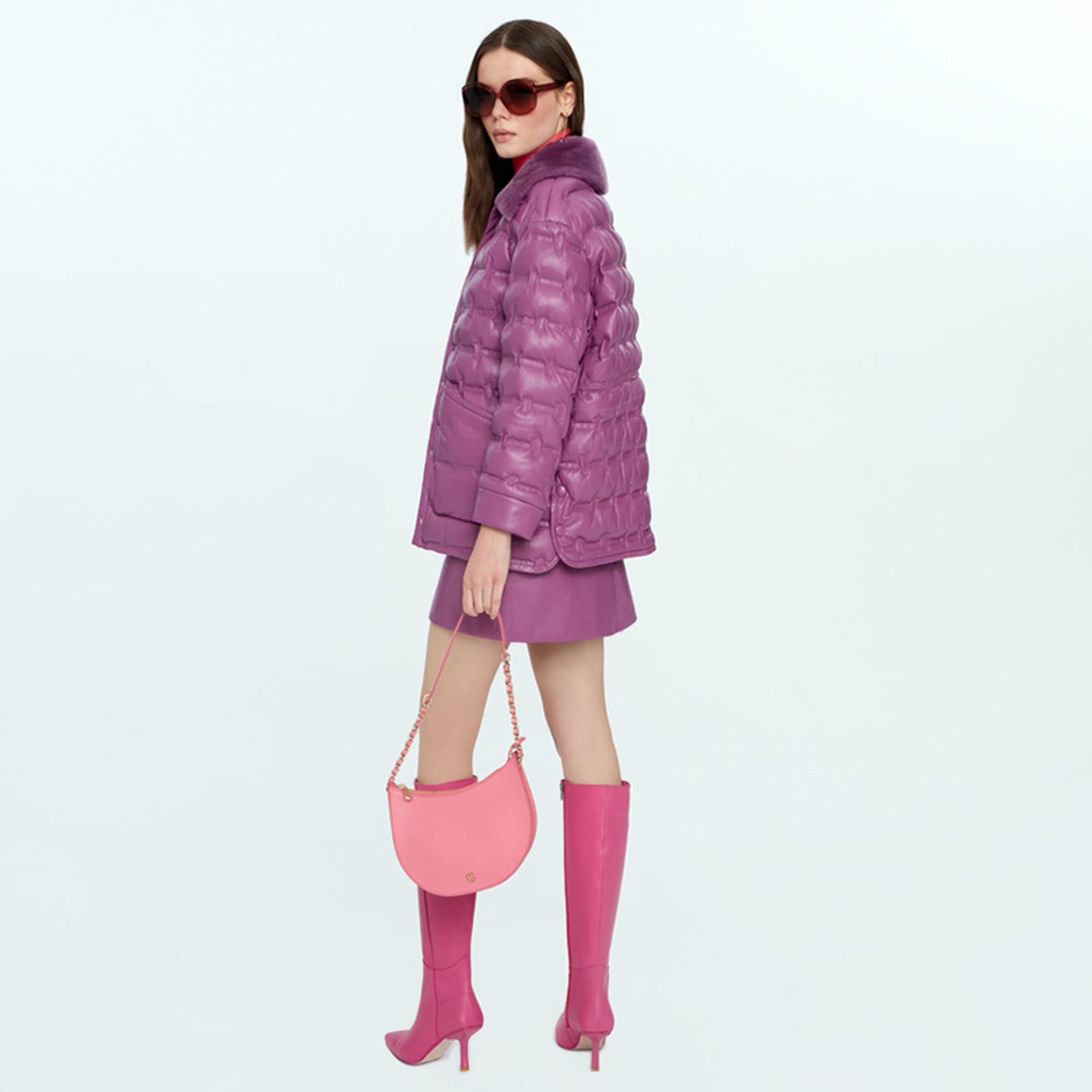 Avari Mor Kadın Puffer Deri Mont