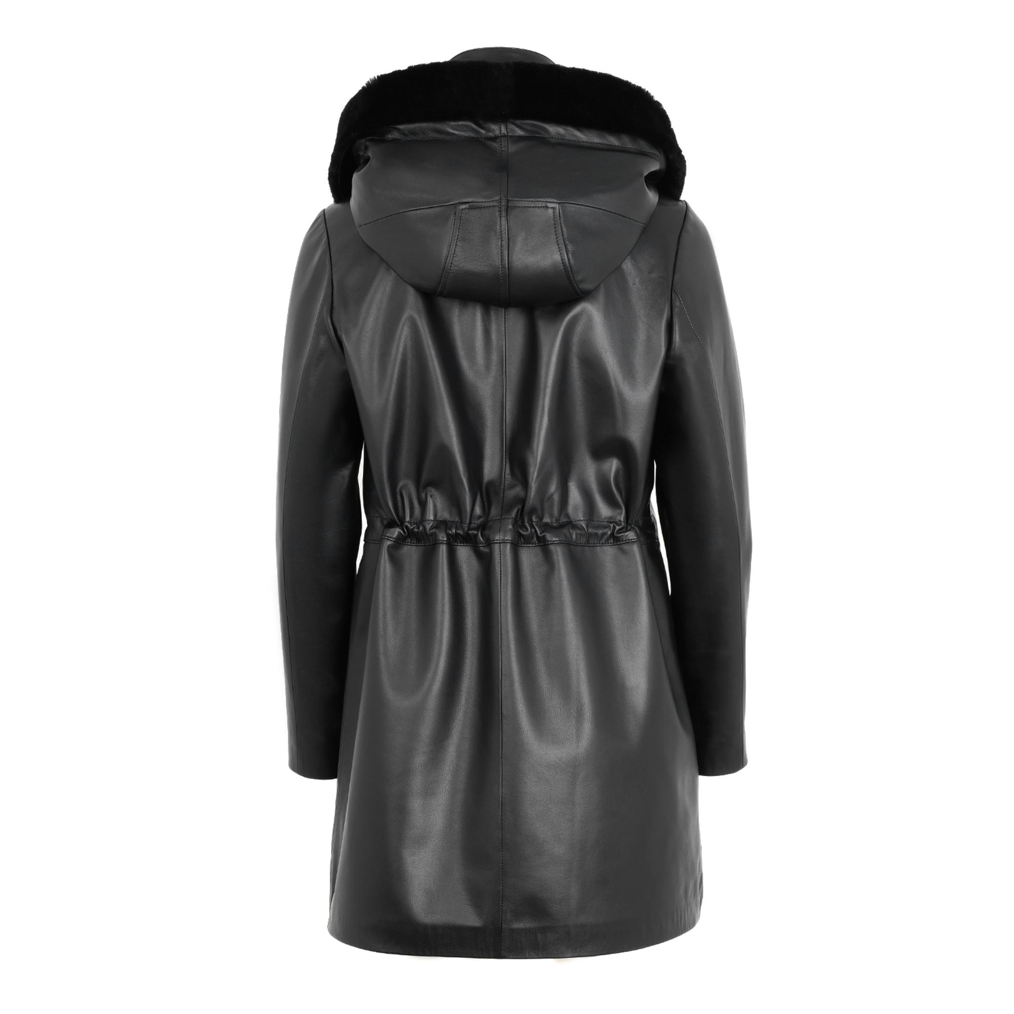 Biana Siyah Kadın Kapüşonlu Deri Kaban