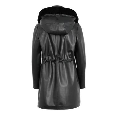  Biana Siyah Kadın Kapüşonlu Deri Kaban