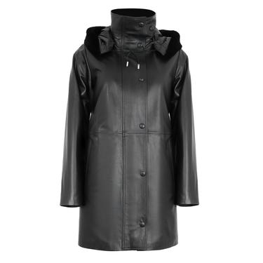  Biana Siyah Kadın Kapüşonlu Deri Kaban