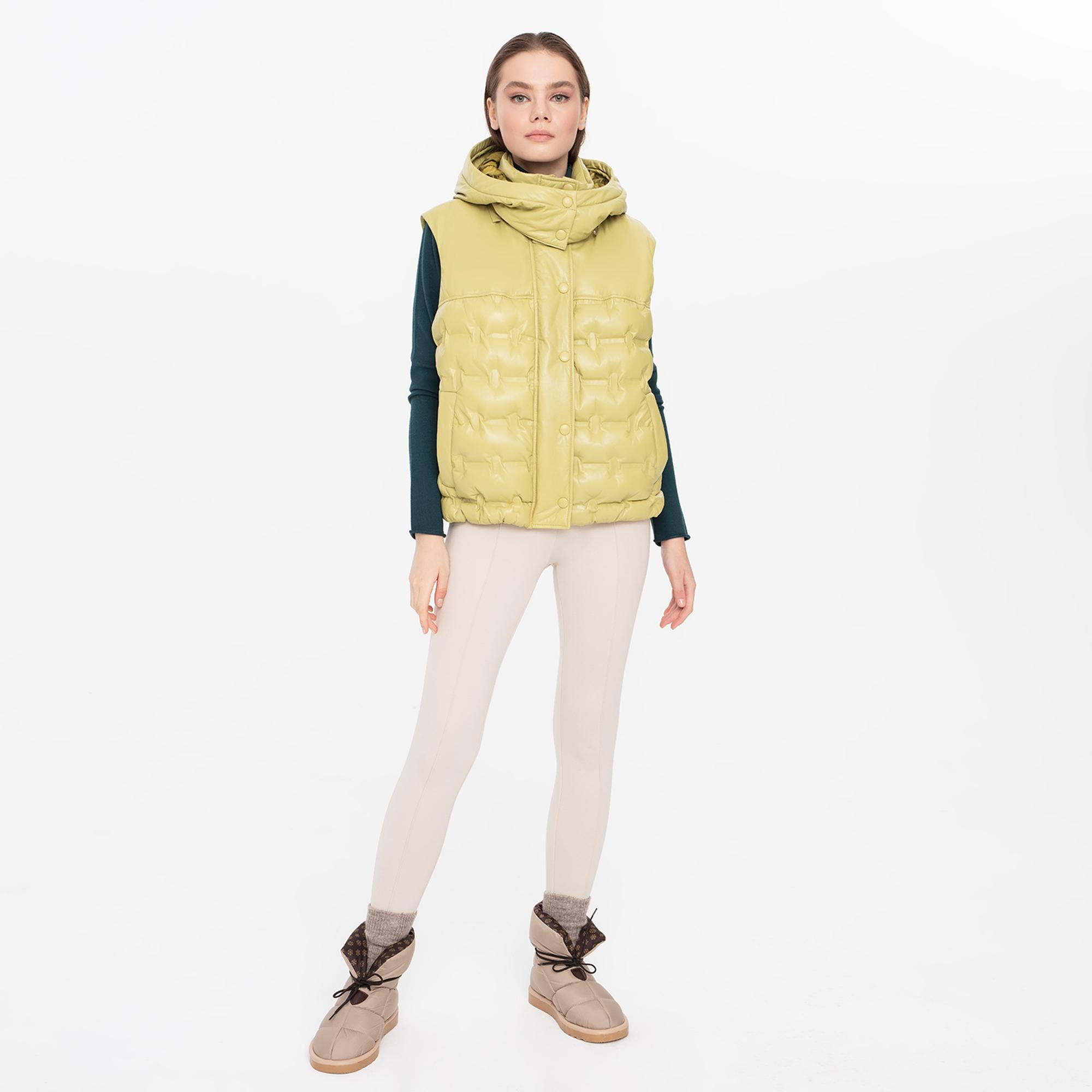 Anitra Kadın Yeşil Kapüşonlu Puffer Deri Yelek