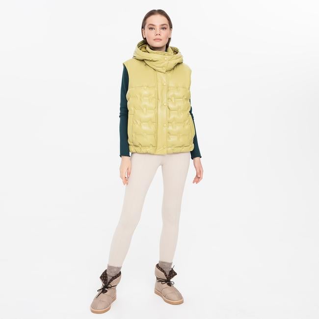  Anitra Kadın Yeşil Kapüşonlu Puffer Deri Yelek