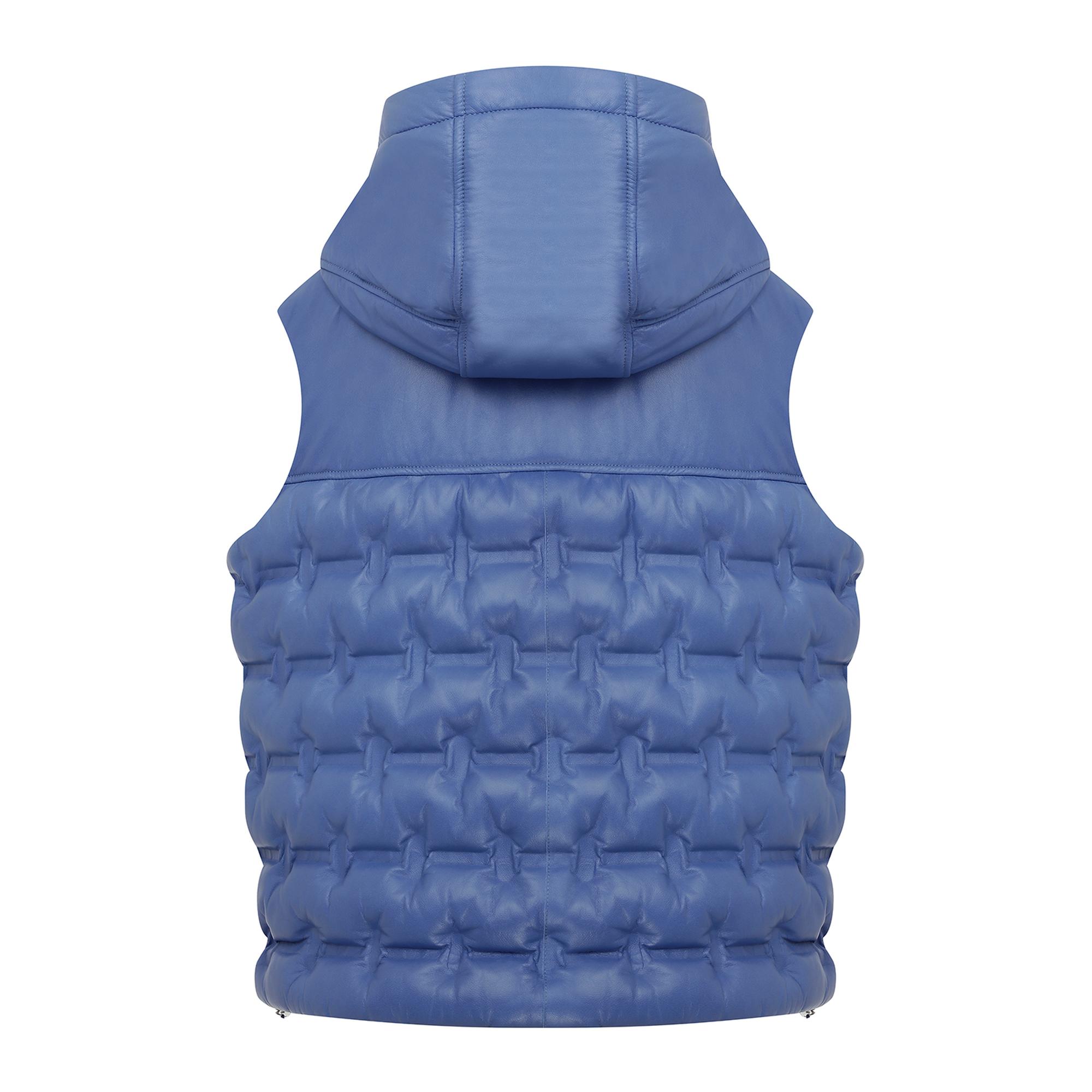 Anitra Mavi Kadın Kapüşonlu Puffer Deri Yelek