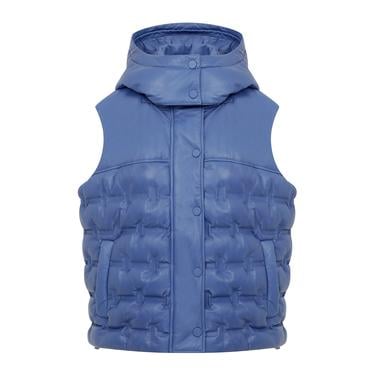  Anitra Mavi Kadın Kapüşonlu Puffer Deri Yelek