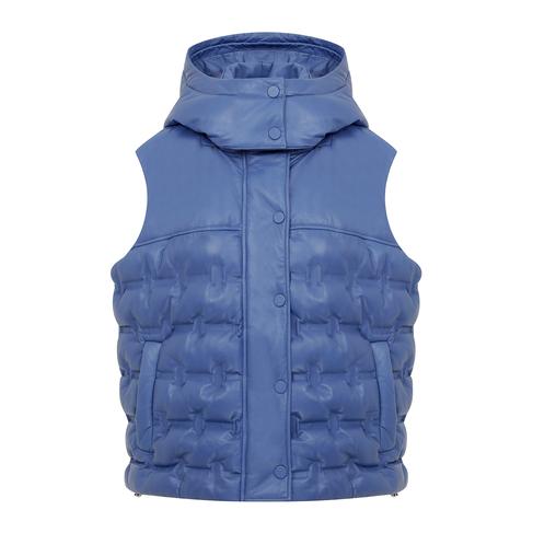  Anitra Mavi Kadın Kapüşonlu Puffer Deri Yelek