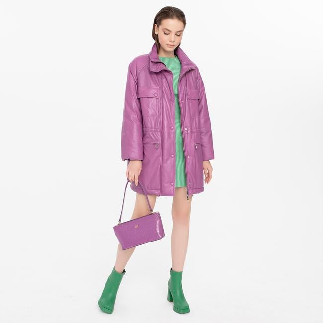  Ayiana Mor Kadın Deri Puffer Kaban