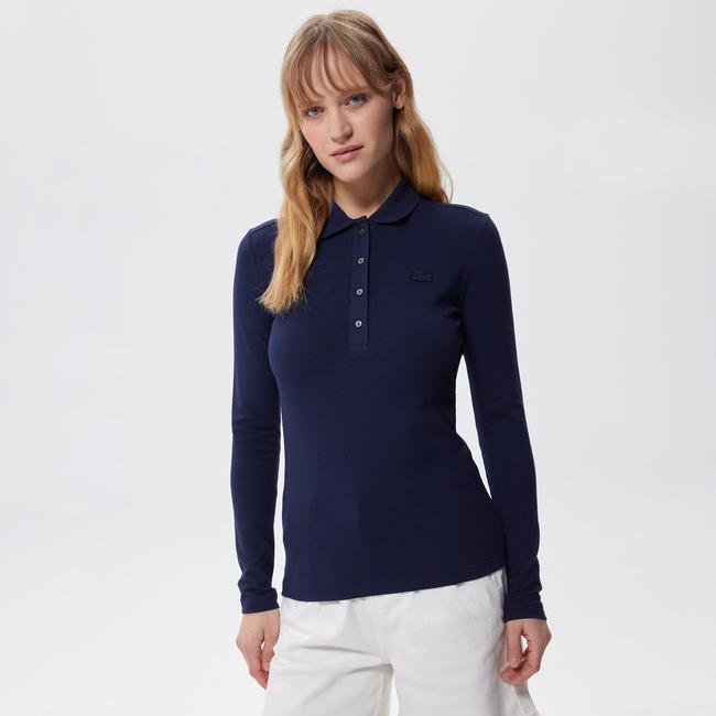  Kadın Slim Fit Uzun Kollu Lacivert Polo